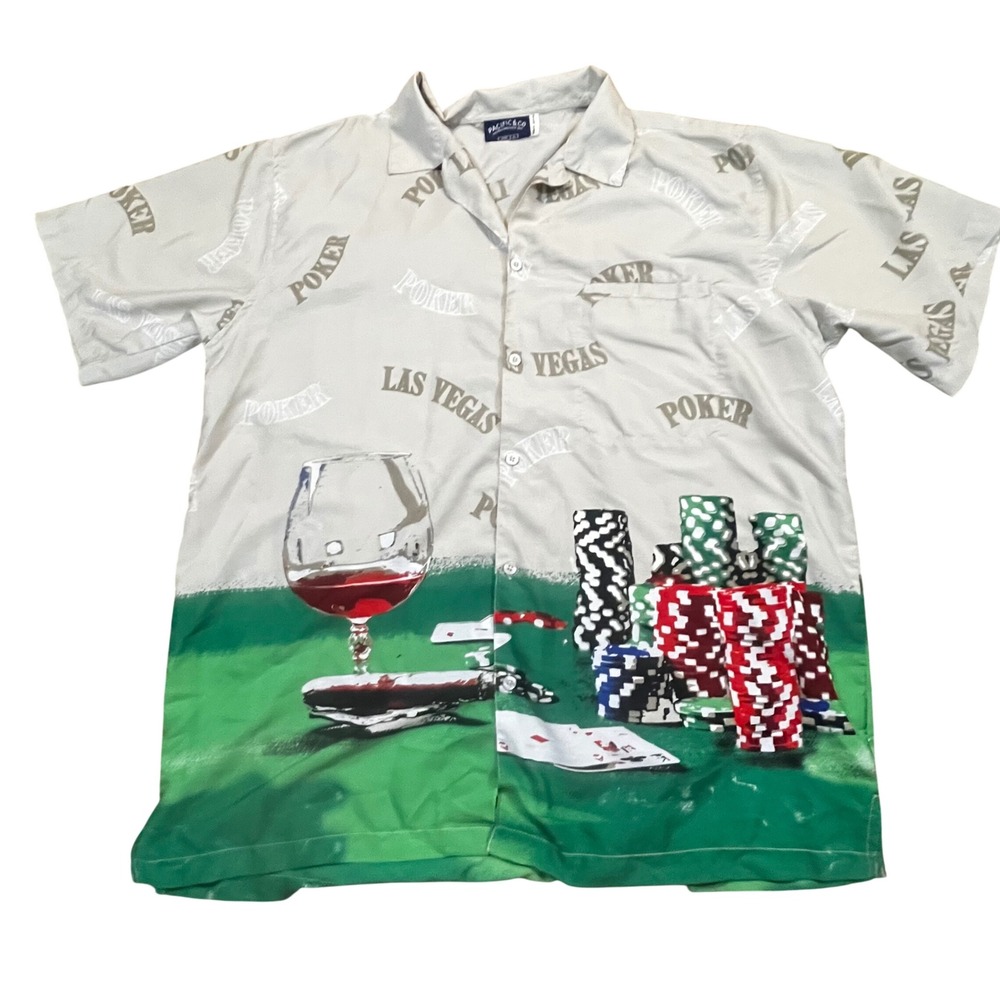 Pacific & Co Mens Las Vegas Poker Graphic Button Up Shirt Large Tan Green Casino